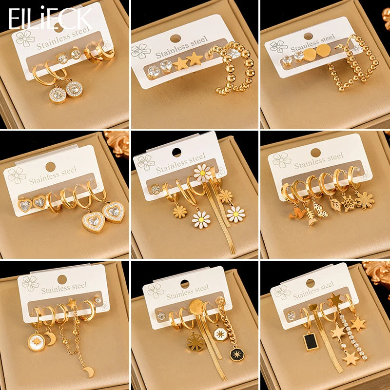 EILIECK 316L Stainless Steel Earrings Set For Women Fashion New 18K Gold Plated Ear Waterproof Jewelry Lady Gift Party сережки