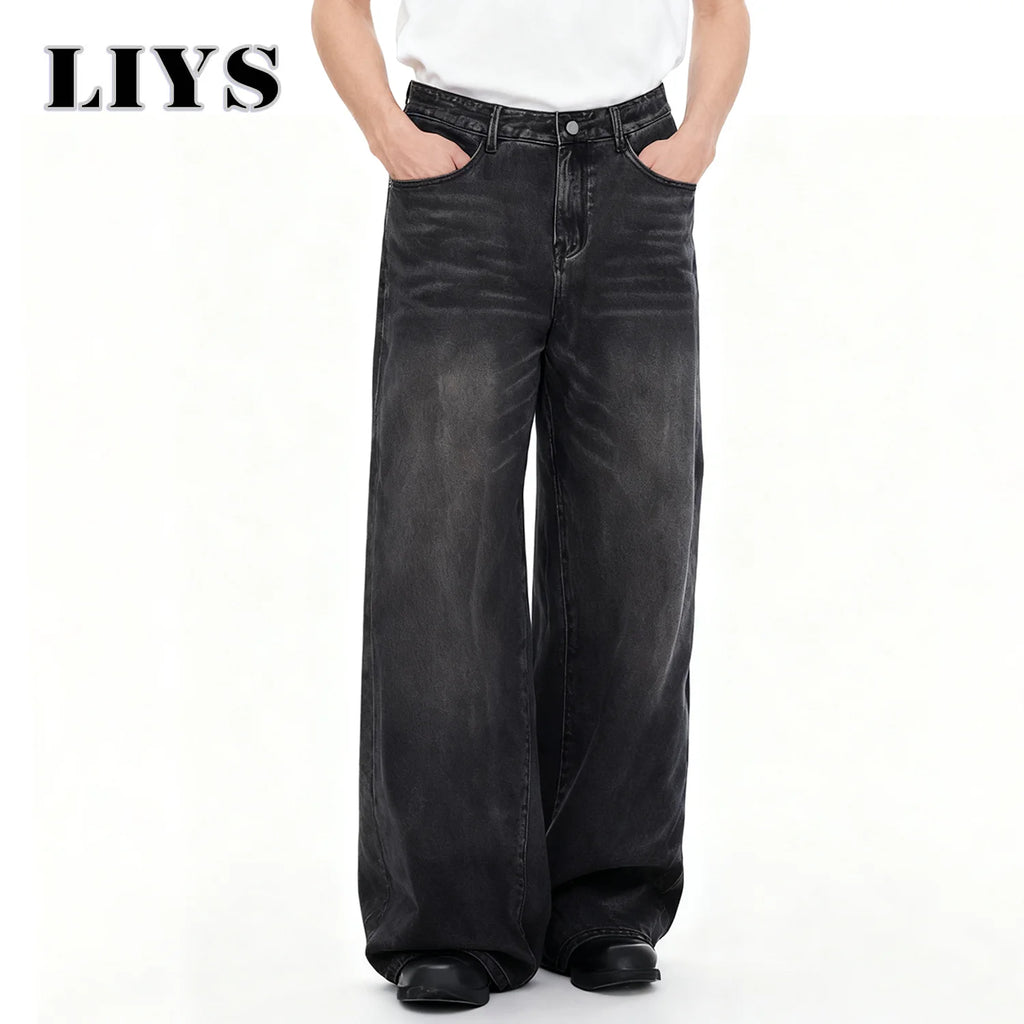 Four Season Men's Jeans Korean Version Student Casual Pant American Retro Gray Black Loose Wide Leg Jean Baggy Men's Denim Pants