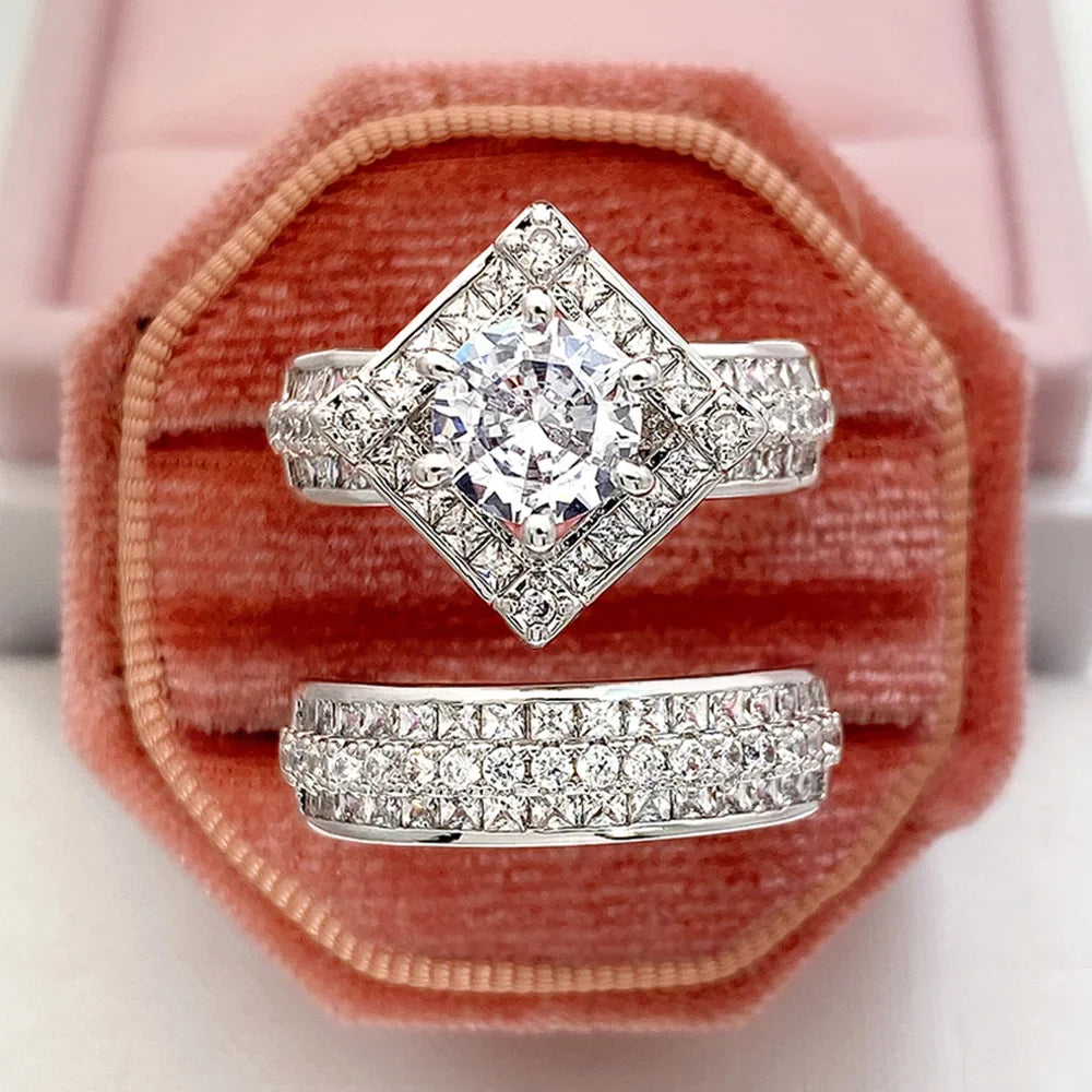 Huitan Set Lady Rings Luxury Wedding Engagement Party Finger Accessories Inlaid Shining Cubic Zirconia Graceful Fashion Jewelry