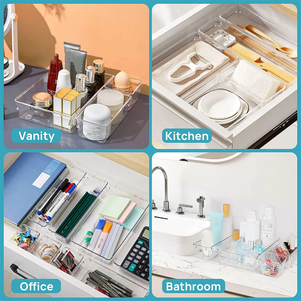 10-Piece Versatile Drawer Organizer Set - Clear Plastic Trays and Dividers in 4 Sizes for Perfect Makeup and Kitchen Storage