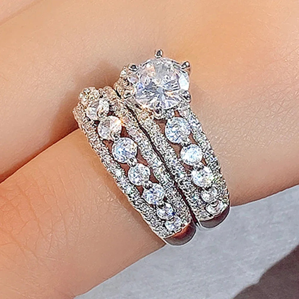 Huitan Set Lady Rings Luxury Wedding Engagement Party Finger Accessories Inlaid Shining Cubic Zirconia Graceful Fashion Jewelry