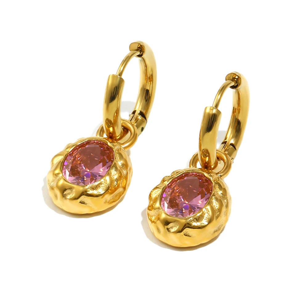 E.B.belle Colorful Zircon Stone Hoop Earring Hammered Pattern Oval Earrings Stainless Steel Gold Plated For Women's Gift