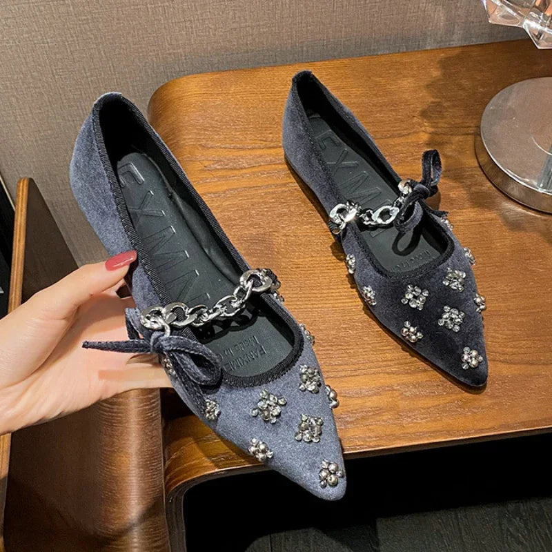 Metal Chain Design Pointed Toe Ballet Shoes Women Luxury Rhinestone Decoration Flats Mary Jane Shoes Fashion Banquet Dress Shoes