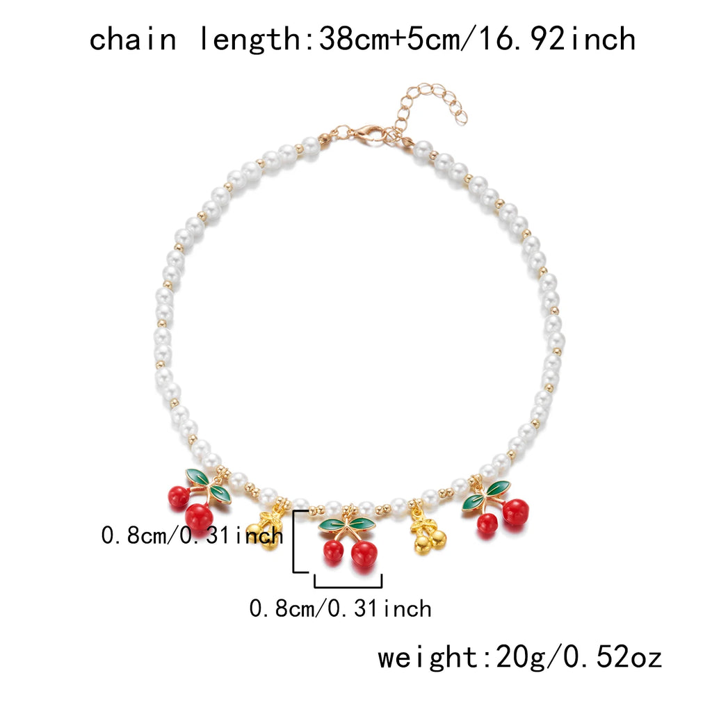 Dainty Sweet Fruit Cherry Heart Charms Pendant Necklace For Women Elegant Imitation Pearl Choker Neck Chain Jewelry Party Gift