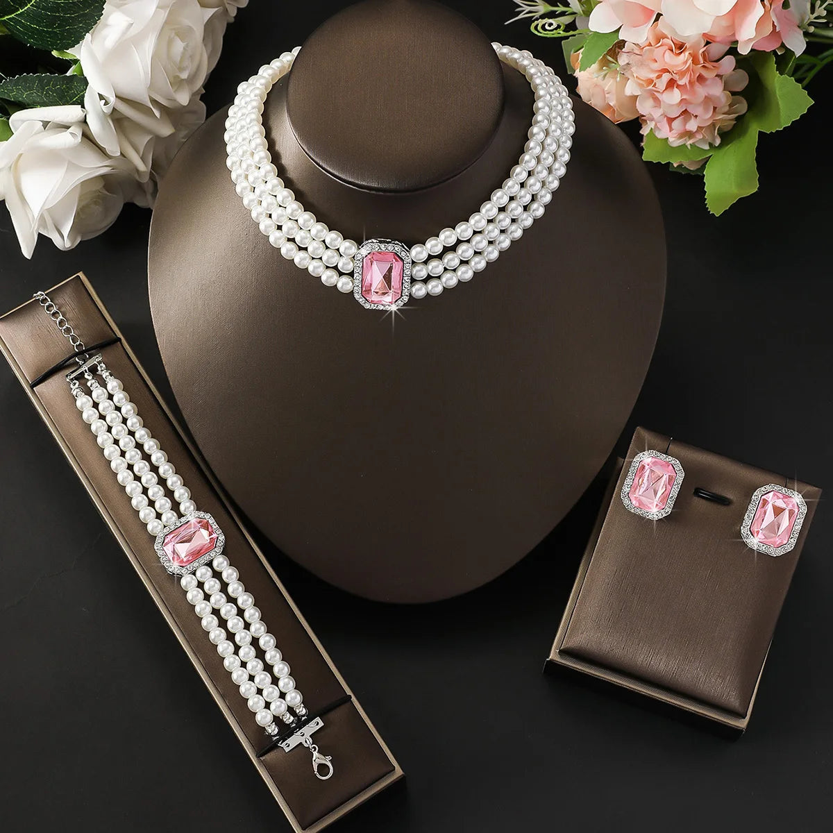 4PC Women's Fashion Light Luxury Short Style Imitation Pearl Turquoise Necklace Earrings Bracelet Jewelry Set Party Festival Gif