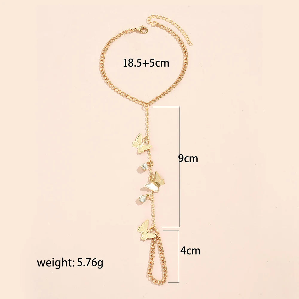 Simple Heart Pendant Chain Bracelet Link Connected Gold plated Wide Finger Ring Bracelets for Women Link Hand Harness Jewelry