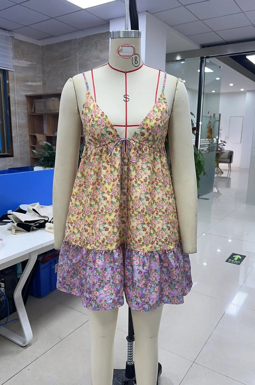 hirigin Women Summer Boho Floral Mini Cami Dress Spaghetti Strap Flowy Short Sling Dress Sleeveless Low Cut Holiday Sundress