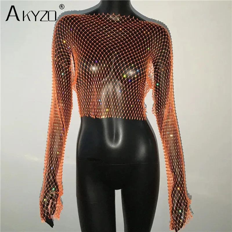 Autumn Women Sexy See Through Fishnet T Shirt Glitter Rhinestone Hollow Mesh Long Sleeve Crop Tops Nightclub Party Festival Top