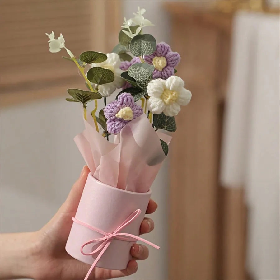 1pc Artifiical Folwer Bouquet Wool Puff Flower Bucket Home Furnishings Handmade Crochet Yarn Bouquet Valentine's Day Gift Home
