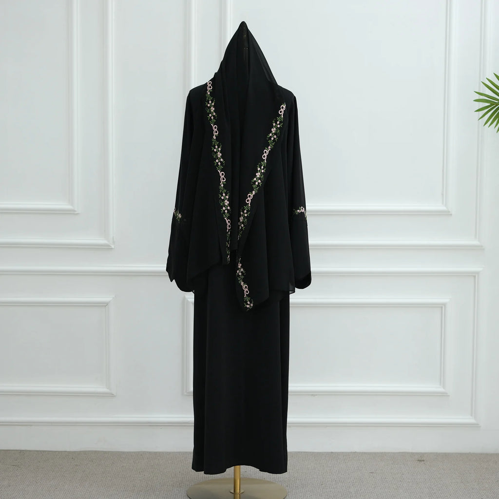 Embroidery Open Abaya and Hijab 2 Piece Set Muslim Dress Abayas for Women Dubai Luxury Islamic Clothing Kaftan Robe Ramadan Eid