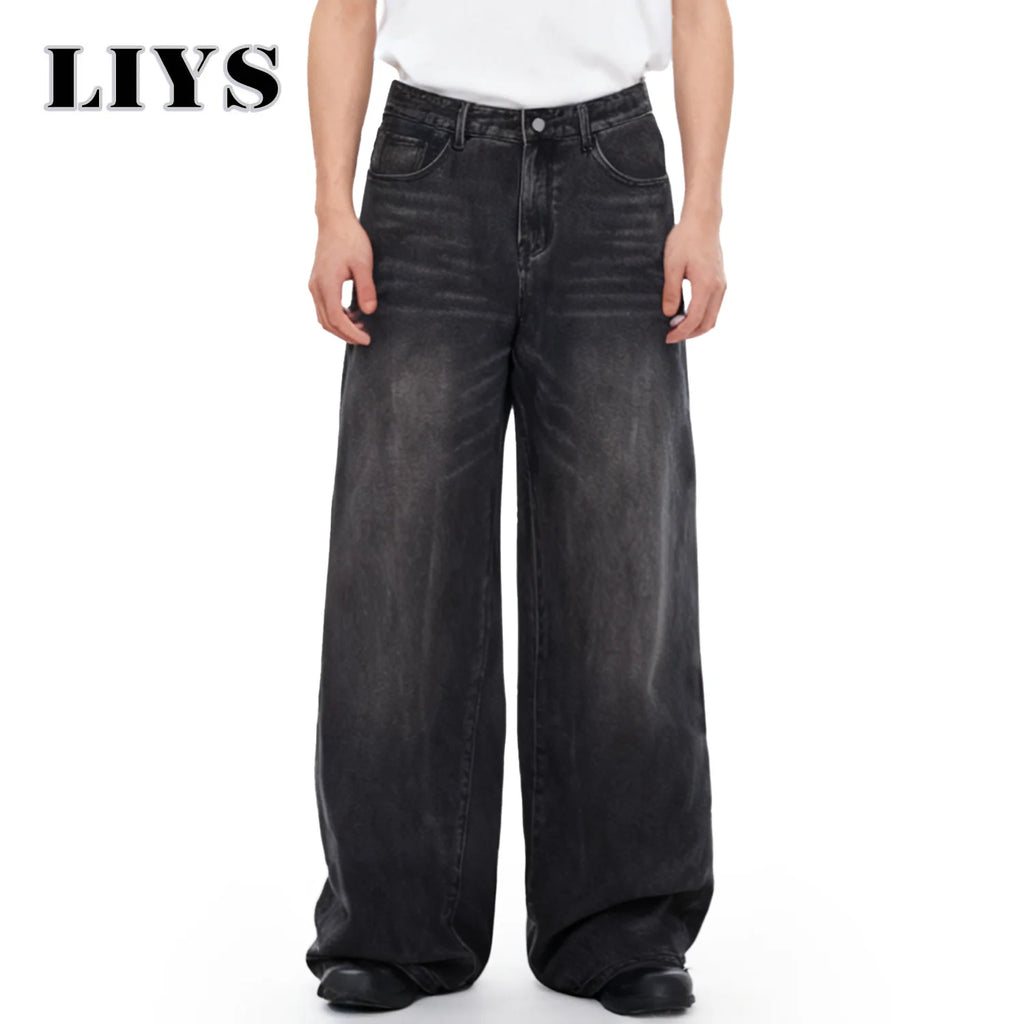 Four Season Men's Jeans Korean Version Student Casual Pant American Retro Gray Black Loose Wide Leg Jean Baggy Men's Denim Pants