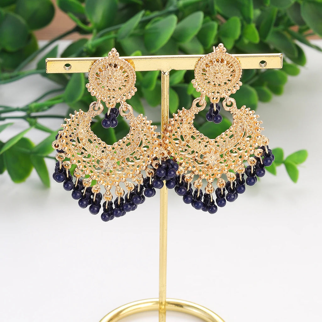 Boho Gold Color Heart Shape Carved Flower Dangle Earrings for Women Indian Jhumka Earrings