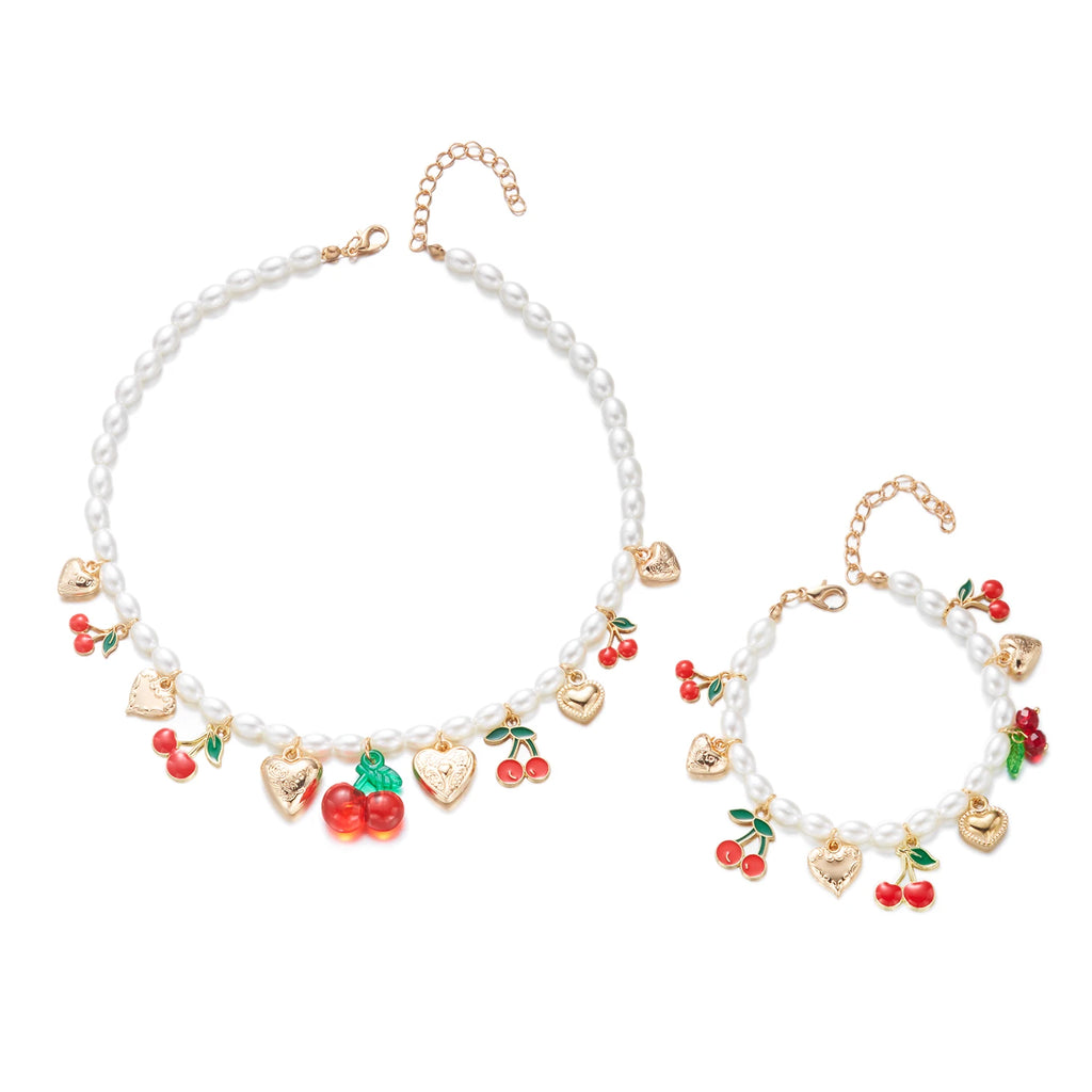 Dainty Sweet Fruit Cherry Heart Charms Pendant Necklace For Women Elegant Imitation Pearl Choker Neck Chain Jewelry Party Gift