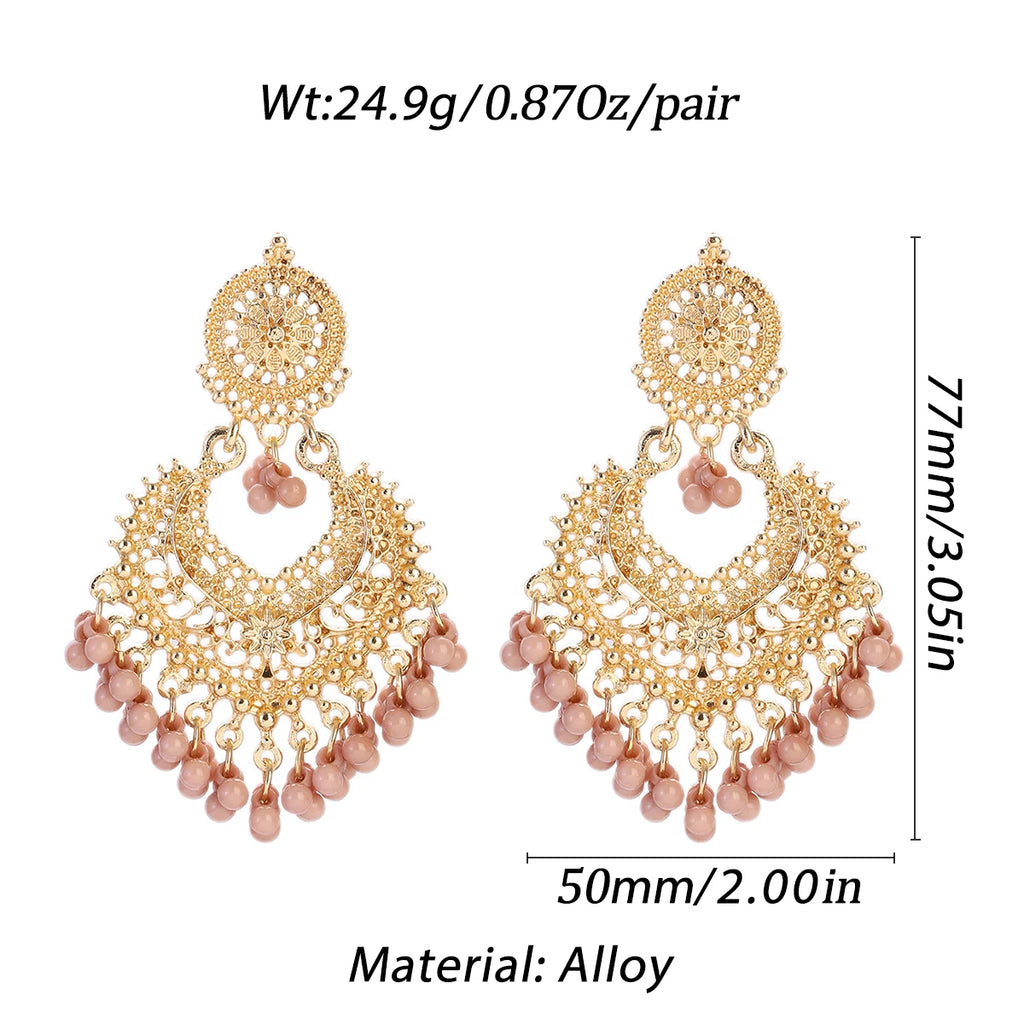 Boho Gold Color Heart Shape Carved Flower Dangle Earrings for Women Indian Jhumka Earrings