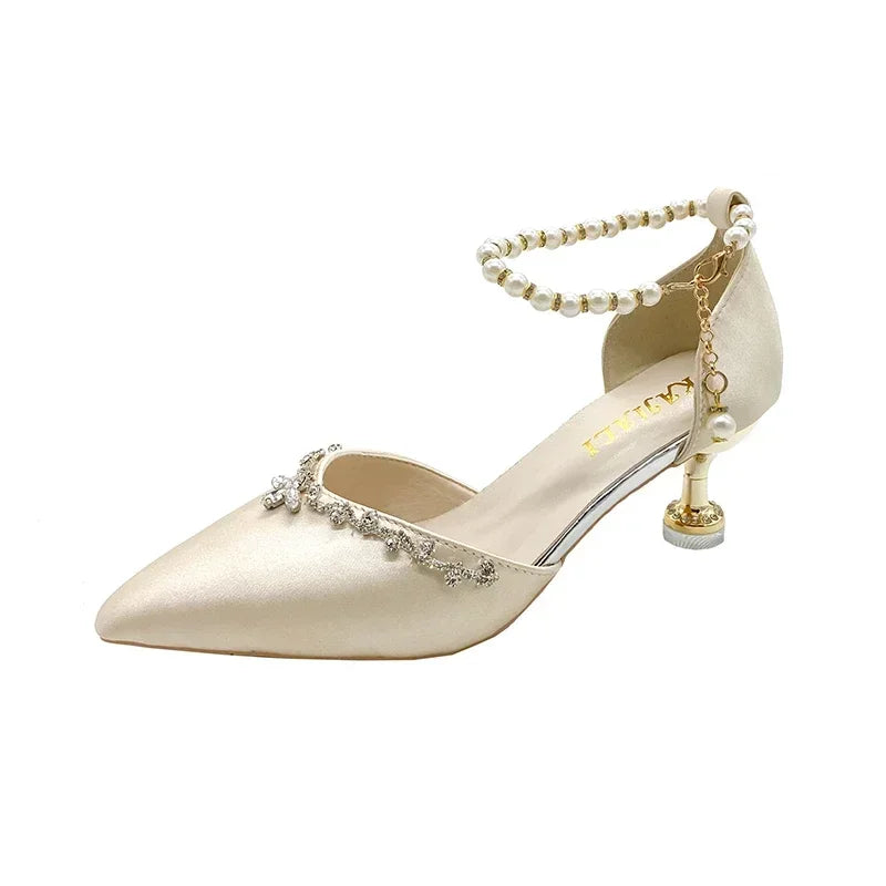 Pointed Toe Baotou Sandals Women's 2025 New Stiletto Hollow Single Shoes Versatile Pearl Strap Women's Shoes
