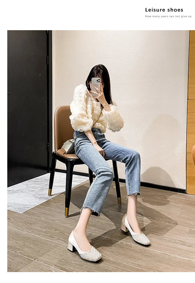 2025 Spring Summer Women Fashion Pumps New OL Party Square Casual High Heels Shoes Ladies Rhinestone Pearl Loafers 35-43