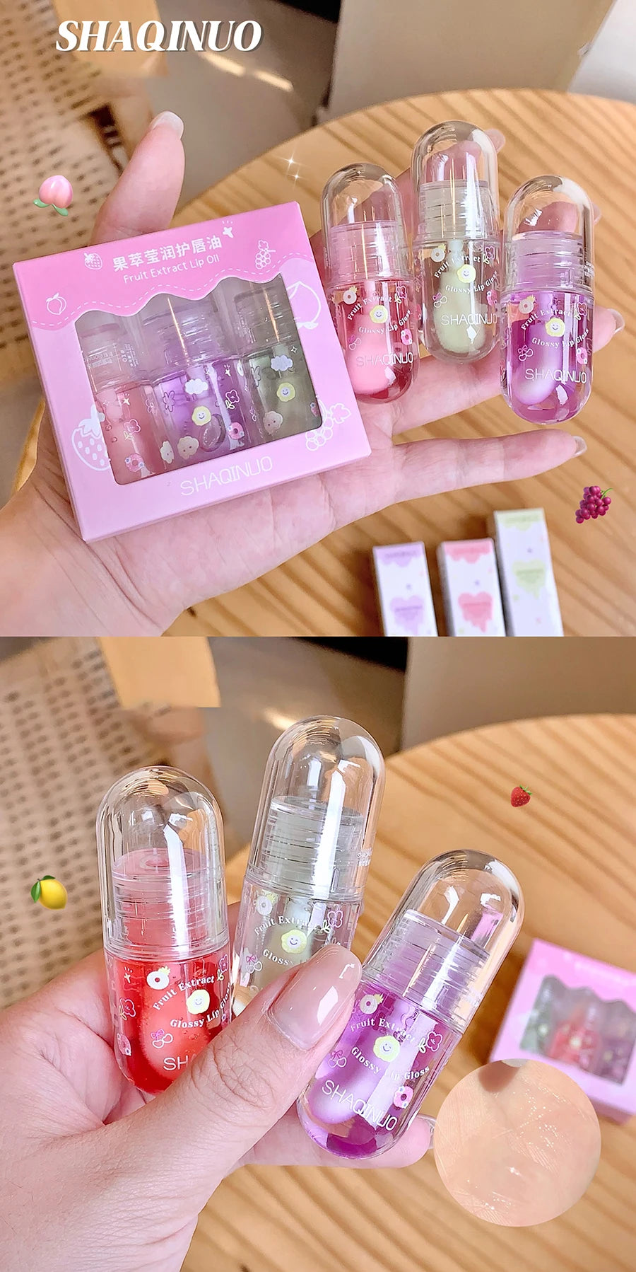 1/3Pcs Fruit Lip Oil Set Transparent Jelly Mirror Water Lip Gloss Nourishing Moisturising Anti-Dry Lips Plumping Makeup Lip Care