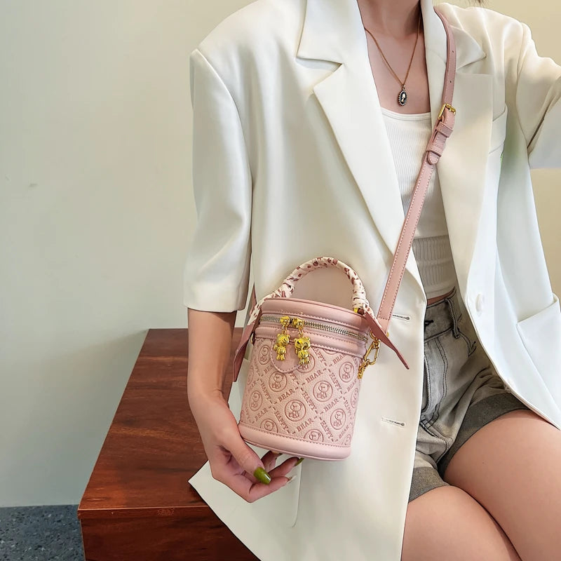cute bear design crossbody bags for women,mellifluous women's handbag,knurling cylindrical shoulder purse,Girl handbag purse