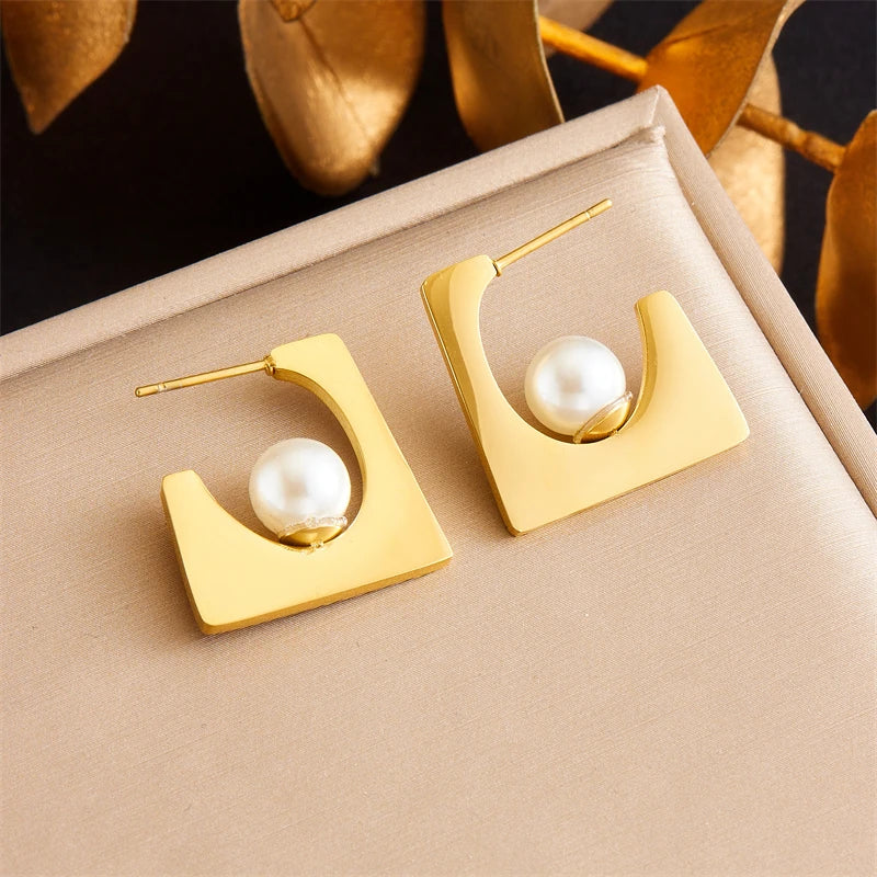 DIEYURO 316L Stainless Steel Love Pearl Round Square Fan Shaped Irregular Design Earrings Women New Trend Ear Jewelry Gift Party