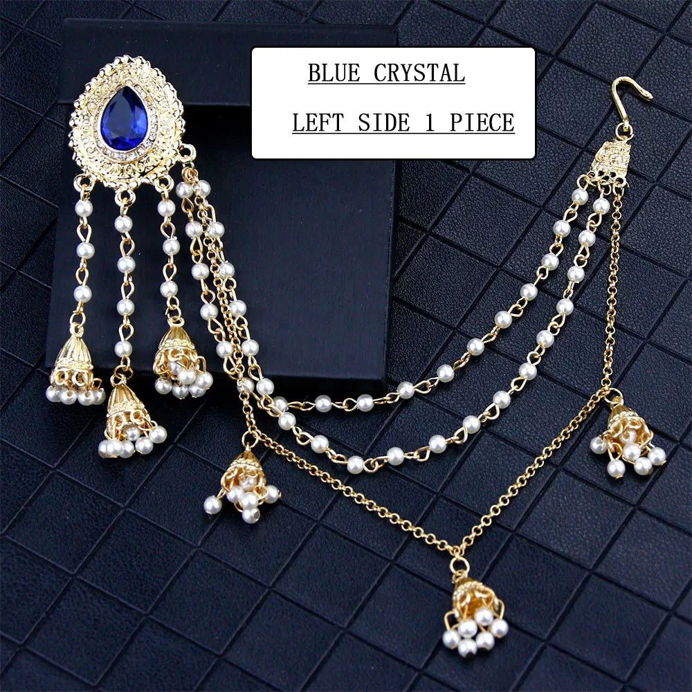 Sunspicems Fashion Indian Earring Link Headdress Jewelry Handmade Bead Chain With Metal Pendant Gold Color Bridal Bijoux Gift