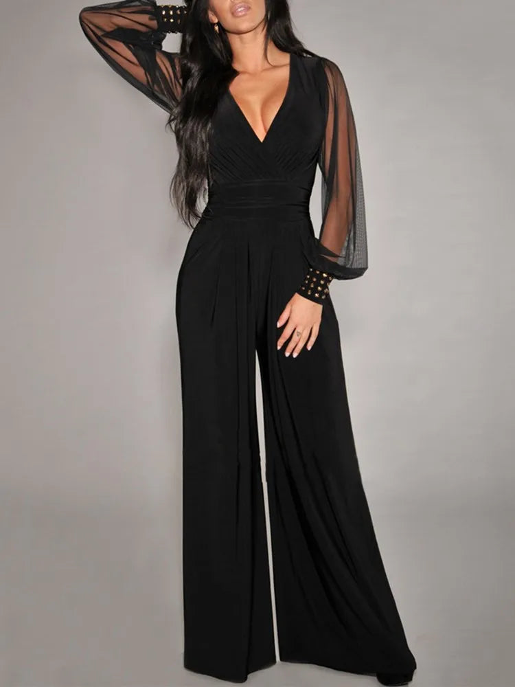 Fashion Deep V-neck Long-sleeved Waist Jumpsuit For Women Elegant Solid Color Lace Lantern Sleeves Loose Casual Jumpsuit Female