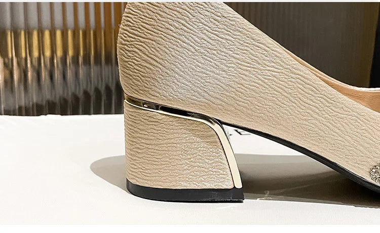2025 Spring Summer Women Fashion Pumps New OL Party Square Casual High Heels Shoes Ladies Rhinestone Pearl Loafers 35-43