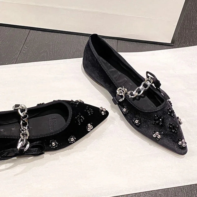 Metal Chain Design Pointed Toe Ballet Shoes Women Luxury Rhinestone Decoration Flats Mary Jane Shoes Fashion Banquet Dress Shoes