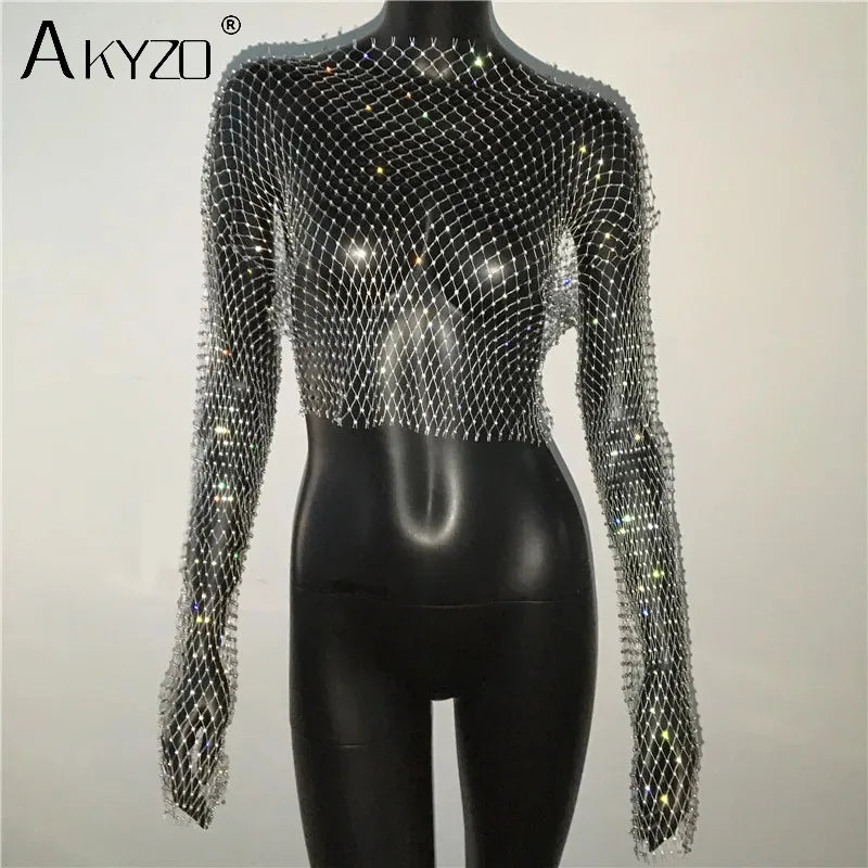 Autumn Women Sexy See Through Fishnet T Shirt Glitter Rhinestone Hollow Mesh Long Sleeve Crop Tops Nightclub Party Festival Top