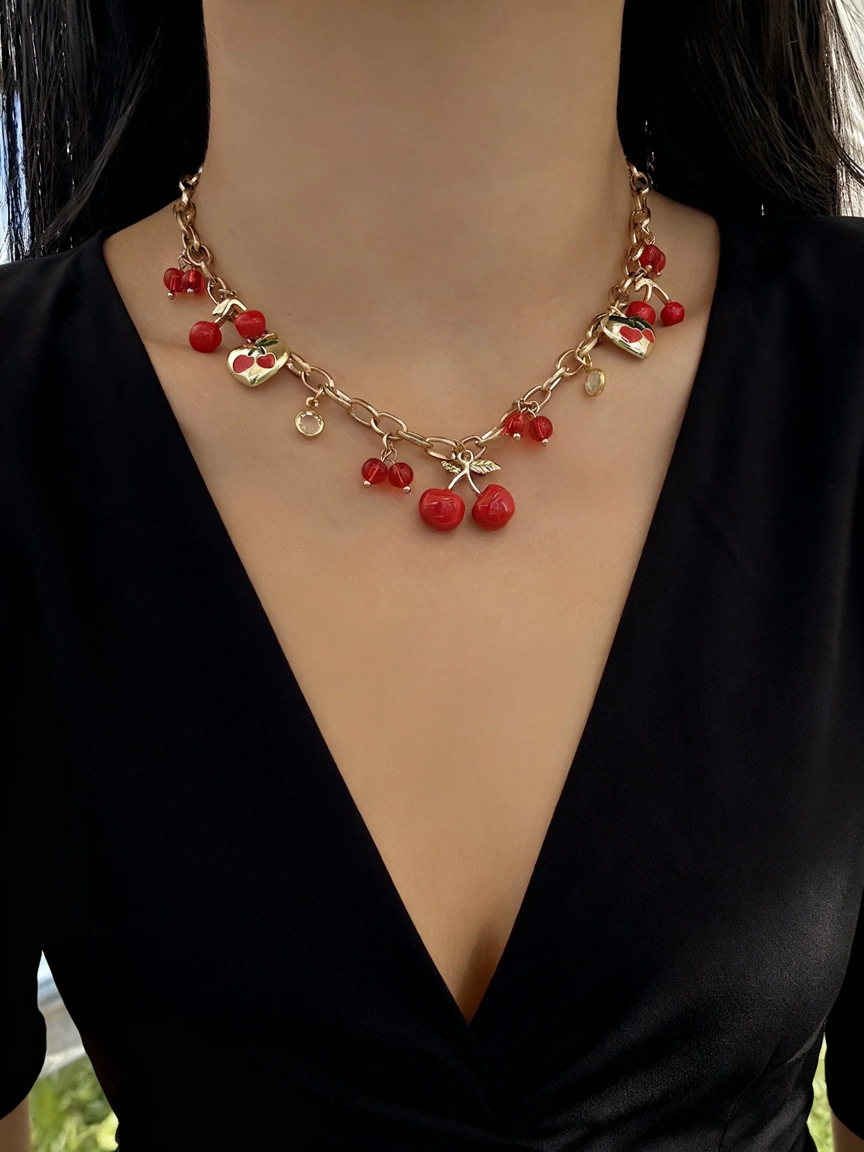 2026 Fashion Charm Cherry Heart Pendant Necklace for Women Red Strawberry Bow Pearl Clavicle Chain Aesthetic Party Jewelry