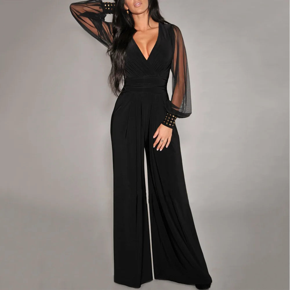 Fashion Deep V-neck Long-sleeved Waist Jumpsuit For Women Elegant Solid Color Lace Lantern Sleeves Loose Casual Jumpsuit Female