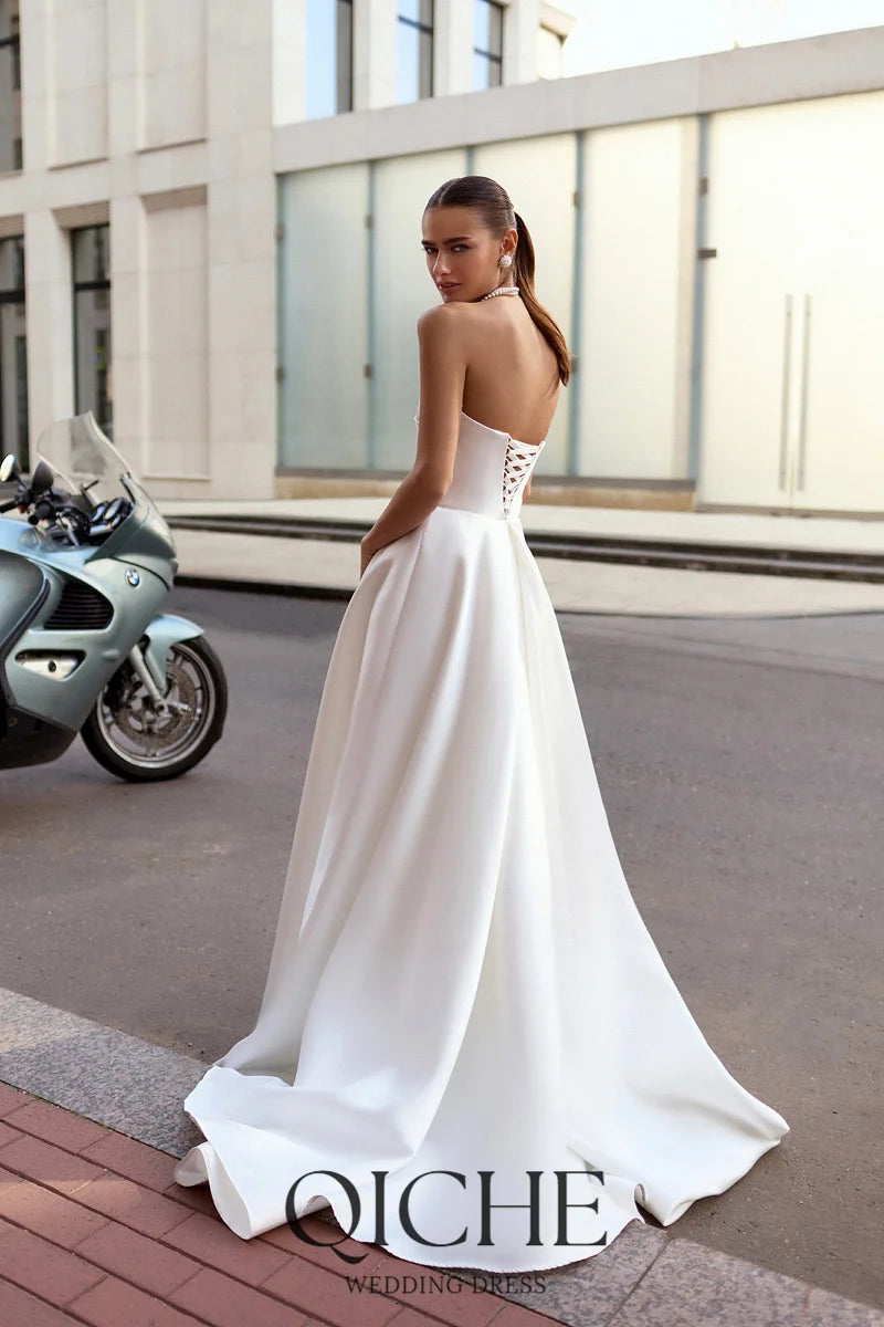 QICHE Strapless Satin Simple Wedding Dresses Side High Slit Corset Back Bridal Gown Customized A Line Minimalist Wedding Gown