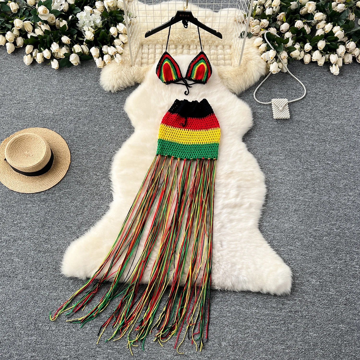 SINGREINY Tassel Knitted Beach Sets Women Mini Camis+Long Sheath Skirt Set Fashion Ladies Hollow Out Vacation Styles Sexy Suits
