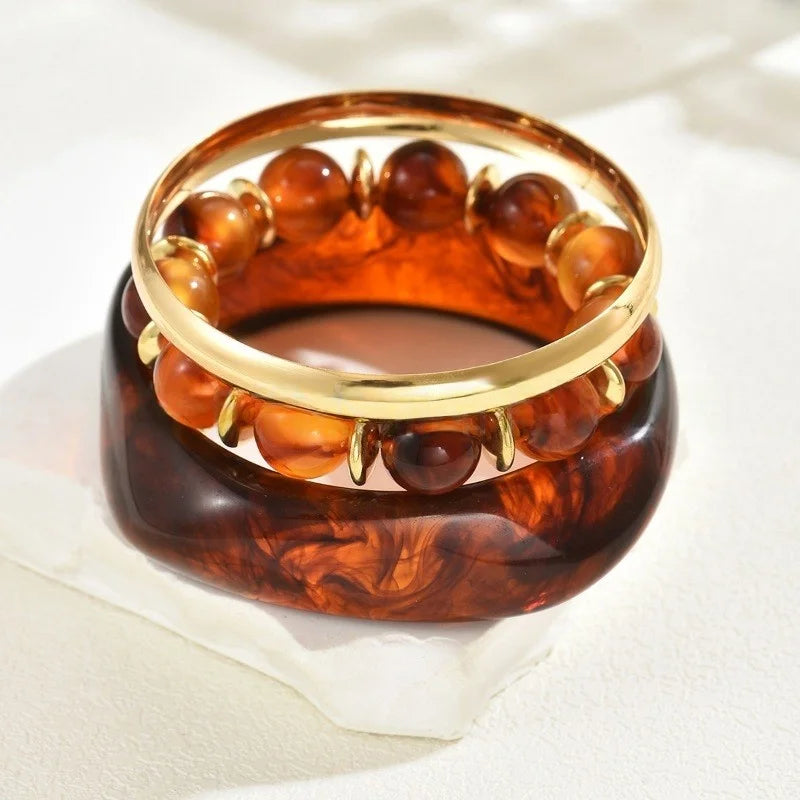 DIEZI One Set Exaggerated Resin Wide Bangles Bracelet Sets Vintage Fashion Beads Strand Bracelet For Women Men Gift Jewelry